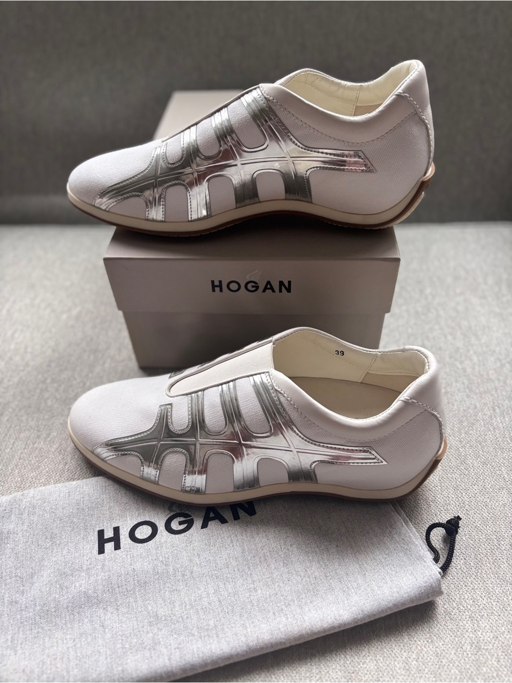 Hogan Side Web White Silver Slip-On Sneakers EU 39 | US 9 New in box